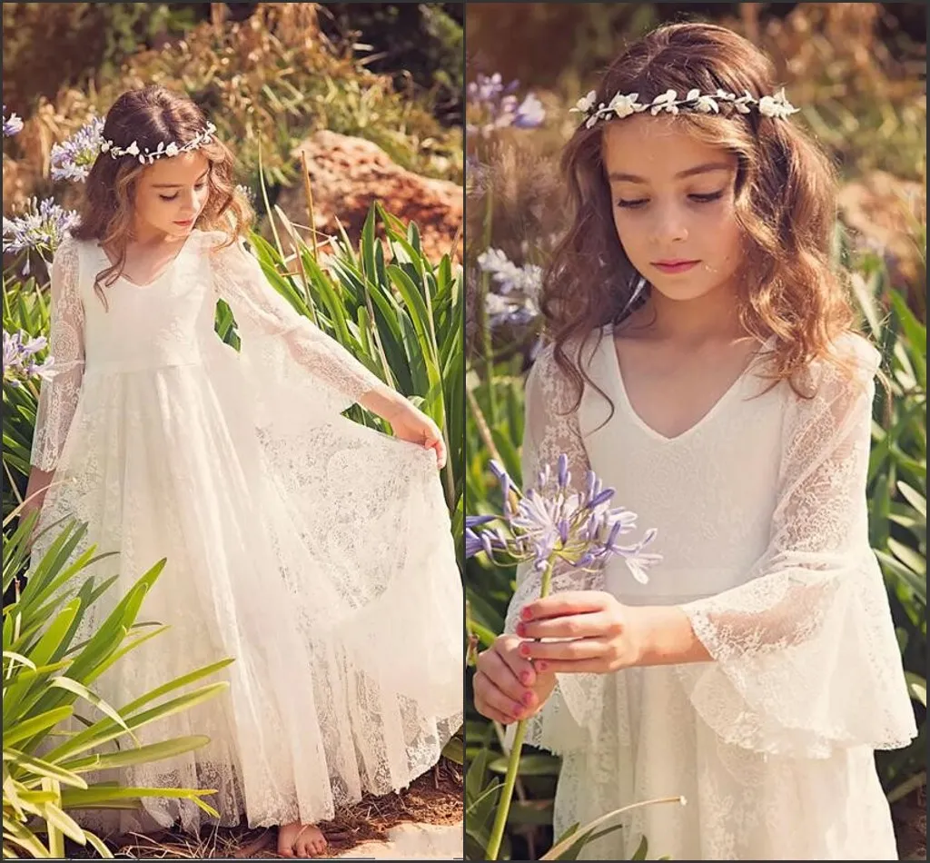 2020 Nowy Fantazyjna Koronka A-Line Flower Girl Sukienki Tanie Kraj Małe dziewczynki Suknie V Neck 3/4 Rękawy przez 2-12 lat MC0668