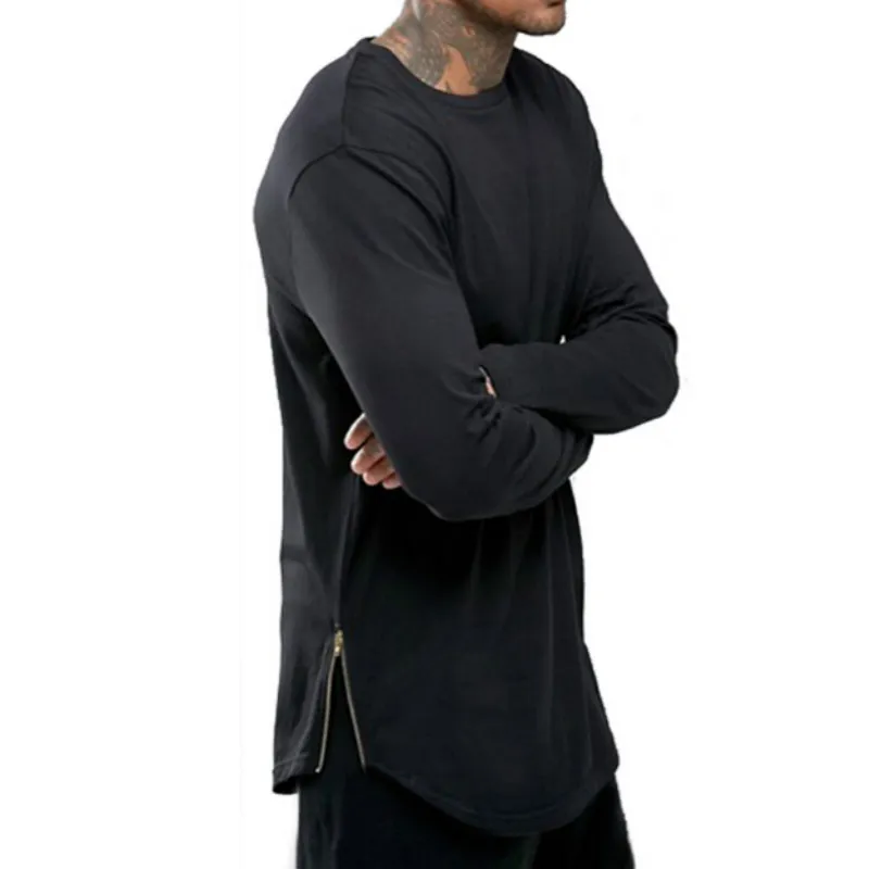 Trends Men T shirts Super Longline Long Sleeve TShirt Hip Hop Arc With Curve Hem Side Zip Tops tee