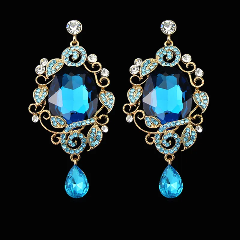 New Fashion Sapphire Large Gem Crystal Drop Dangle Earrings for Women Luxury Rhinestone Leaf Flowers Long Earrings 18KGP Party Jewelry Gifts