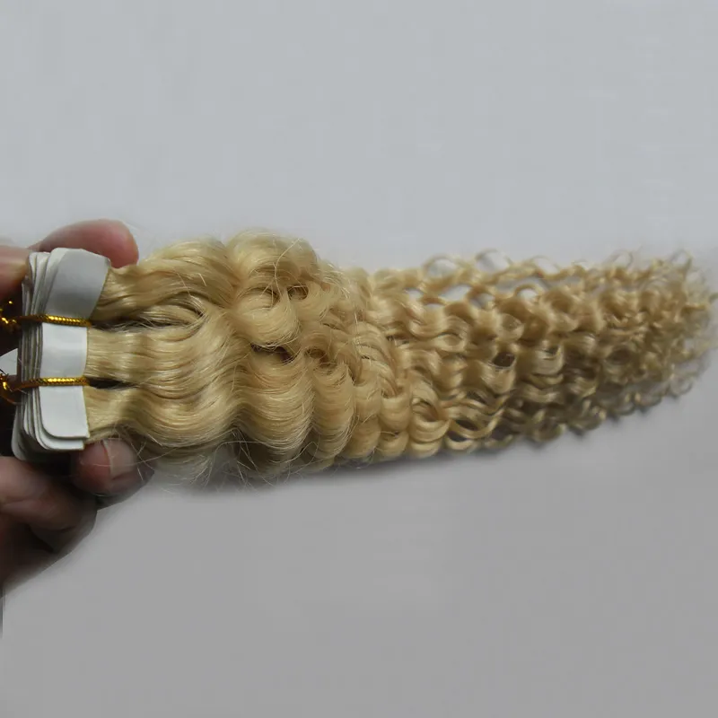 613 Blondynka Virgin Hair Taśmy w Ludzkich Hair Extensions Kinky Curly 50g 20 sztuk / zestaw skóry Wątek Dziewicy Remy Ludzki Włosy Bez Szwu