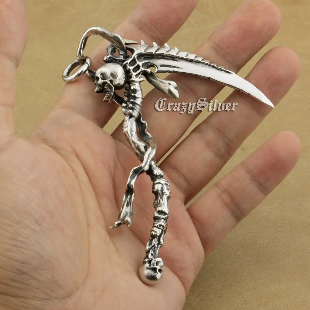 LINSION Énorme 925 Sterling Silver Grim Reaper Crâne Faucille Scythe Biker Pendentif TA22 Collier En Acier Inoxydable 24 pouces2903