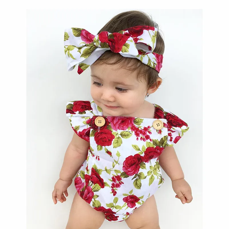 6 stilar Spädbarn Baby Girl Floral Rompers Bodysuit med huvudband Ruffles Sleeve Set Knappar 2017 Sommar Ins Romper Passar Gratis DHL