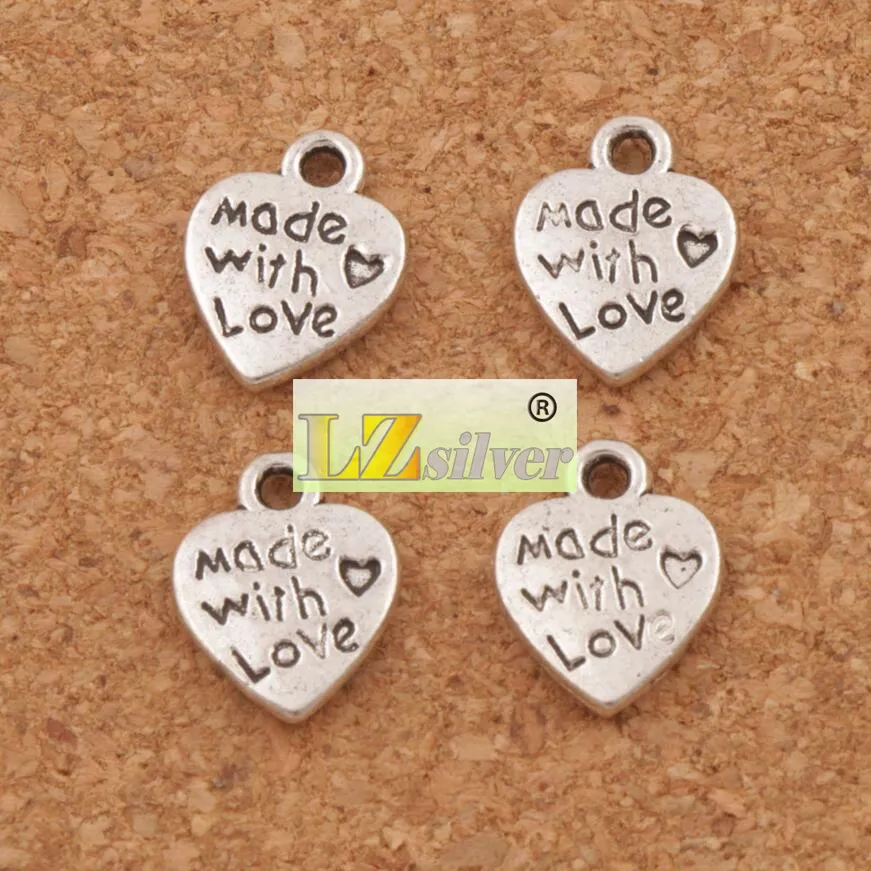 Feito Com Amor Coração Charme Beads Pingentes MIC 9.7x12.5mm de Prata Antigo / Bronze Moda Jóias DIY L319