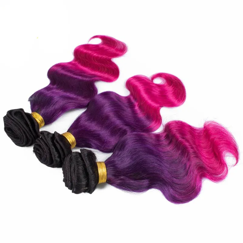 Körperwelle Menschenhaar spinnt mit Spitze Frontal Schließung schwarz lila rosa drei Ton Ombre Malaysisches reines Haar mit Spitze Frontal 
