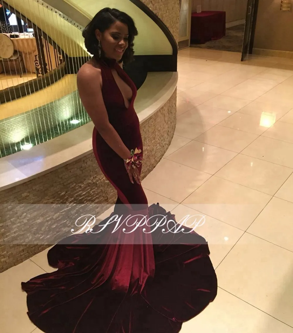 Sexy Long Prom Dress Burgundy Mermaid High Neck Backless Girl Black Special Occasion Dress Evening Party Gown Custom Made Plus Size