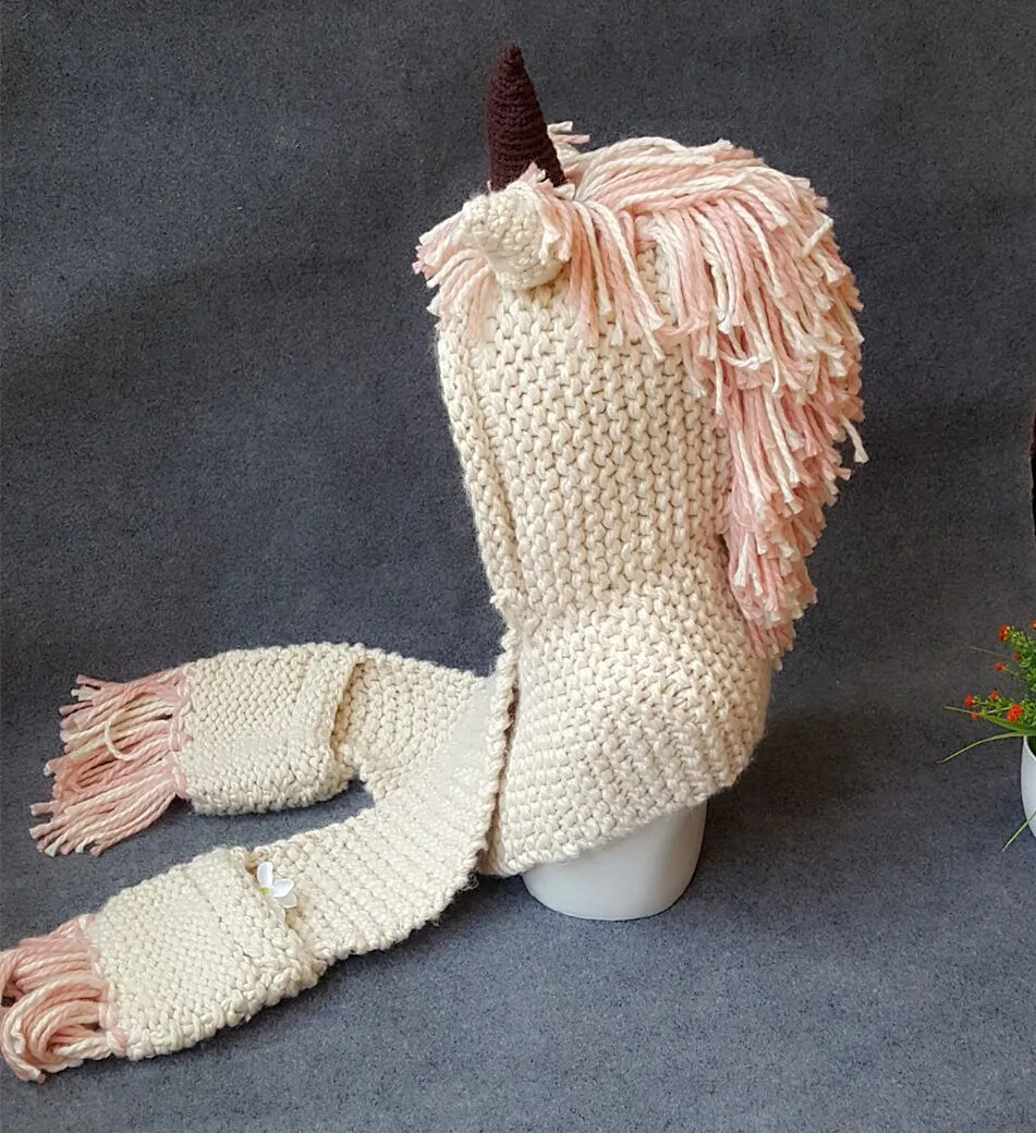 18 Wzory Nowy Crochet Cartoon Animal Horn Winter Hat z szalikiem Kapturem Knitting Beanie Cosplay Fotografia Prop Darmowa Wysyłka
