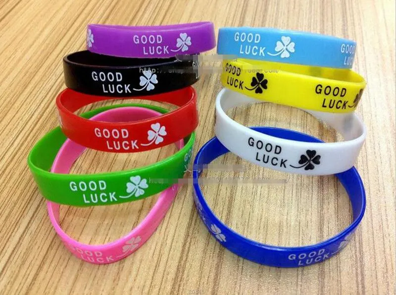 mixed Colors Good Luck Clover Silicone Rubber Elastic Bracelet Wrist Band for Women Men Fashion Jewelry Bangle245F