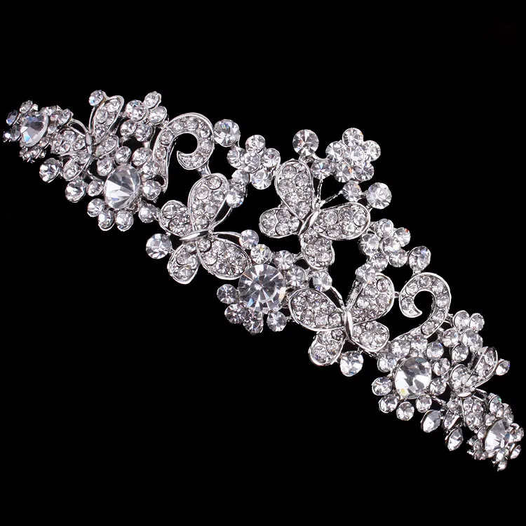 Goedkoop, maar van hoge kwaliteit Silver Rhinestone Butterfly Pageant Tiara Kroon bruids-haaraccessoires Partij van de Koningin Hoofddeksels gratis verzending