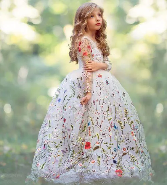 Splendidi abiti da spettacolo ragazze con ricami Abito da ballo bianco Abiti da ragazza di fiori a maniche lunghe trasparenti abiti da festa bambini in organza da sposa