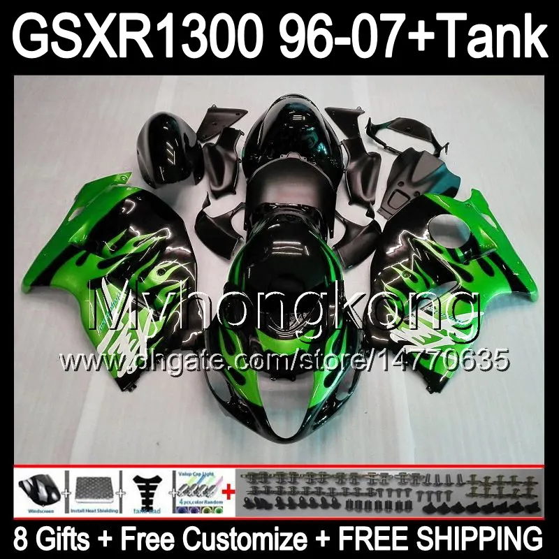 Gröna flammor 8Gift för Suzuki Hayabusa GSXR1300 96 97 98 99 00 01 13HM1 GSXR 1300 GSX-R1300 GSX R1300 02 03 04 05 06 07 Fairing Green Black