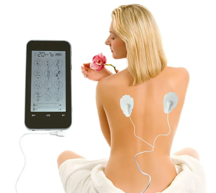 2-kanal LCD-pekskärm Elektrisk pulsbehandling Tens EMS Massager, 12 lägen Digital elektronisk mini Akupunktur Magnetisk terapi av DHL