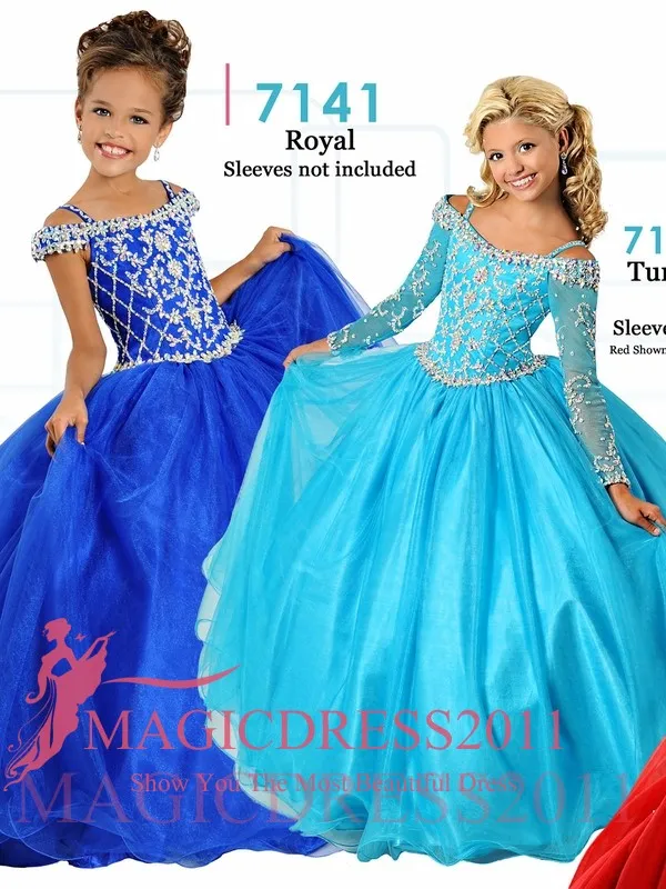 2020 Abiti da concorsi di Ritzee Girl's Abiti di perline Abito da ballo Tulle Lunghezza Floro Blu Royal Abiti Quinceanera Abito da Quinceanera