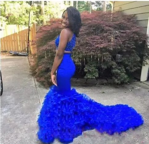 Royal Blue Two Pieces Jurken Party Avondslijtage Hoge Neck Beads Kant Layered Mermaid Prom Dress Long Rits Back Homecoming Jurk