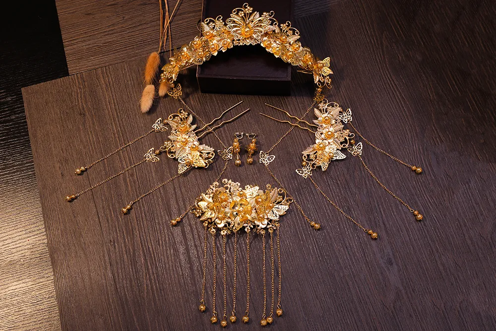 DOCIM Couronne de diadème de mariée de Style Chinois, Coiffe Traditionnelle Chinoise de Style Antique Diadème de Mariage de mariée, Cheveux de Phoenix Guan Xiaya