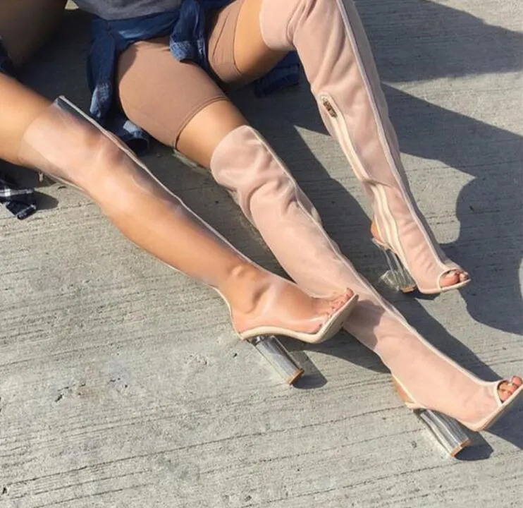 2017 nouvelles femmes sur le genou haute bottes en PVC talon clair peep toe chaussons bottines à talons épais chaussures habillées grandes sandales de gladiateur bottes femme