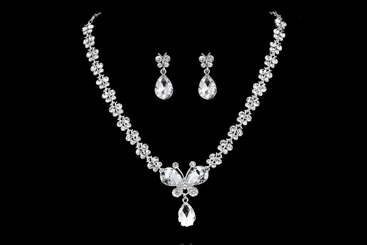 Rhinestone Crystal drop halsband sätter örhänge pläterade brud smycken set vita bröllop örhängen bröllopstillbehör