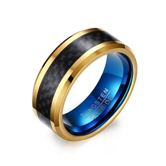 Tungsten Carbide Jewlery Men's Wedding Band Engagement Ring IP Gold & Blue Plated With Black Carbon Fiber Inaly 8MM