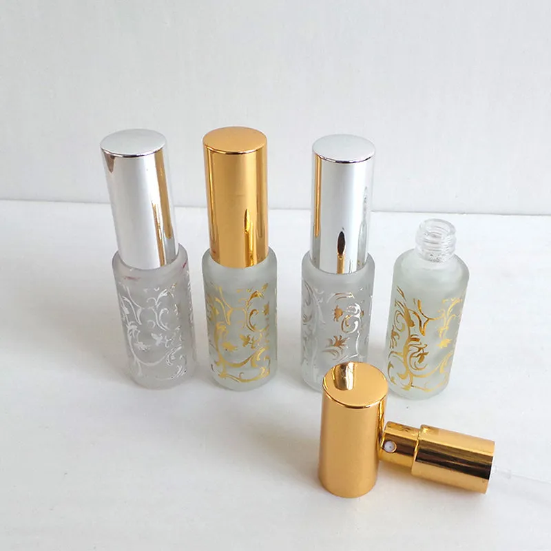 50 stks / partij Mini 5 ml buis rechte ronde gebronsme glas parfum fles aluminium spray verstuiver lege navulbare parfum geur fles