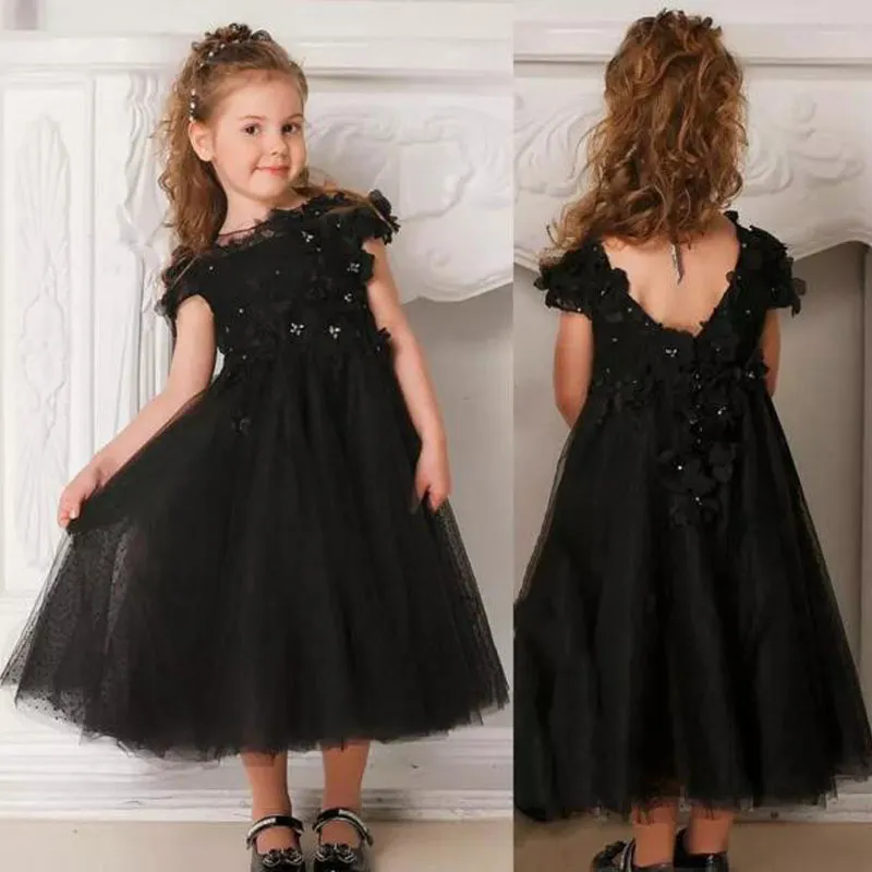 Vestido de niña de flores negro con cuentas apliques florales en 3d flores de tul vestido de niña de flores hasta el té para boda gótica