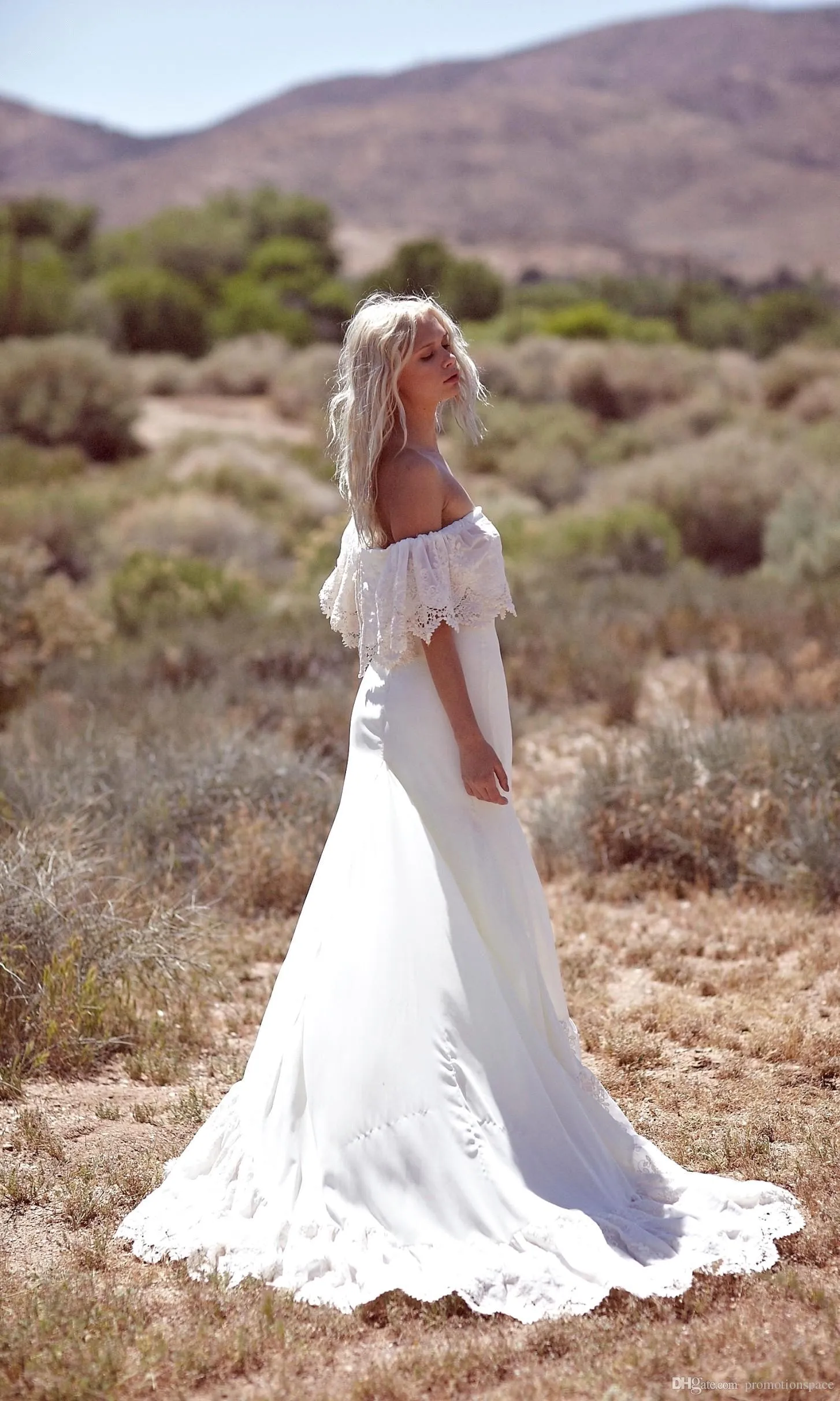 Online Summer Beach Bohemian Lace Bröllopsklänningar Vestidos de Noiva Off The Shoulder Chiffon Long Country Wedding Gowns Ba4738