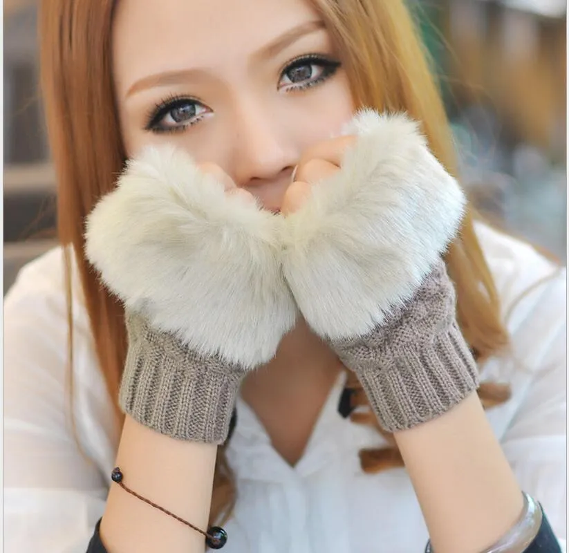 Women Girl Knitted Faux Rabbit Fur gloves Mittens Winter Arm Length Warmer outdoor Fingerless Gloves colorful XMAS gifts