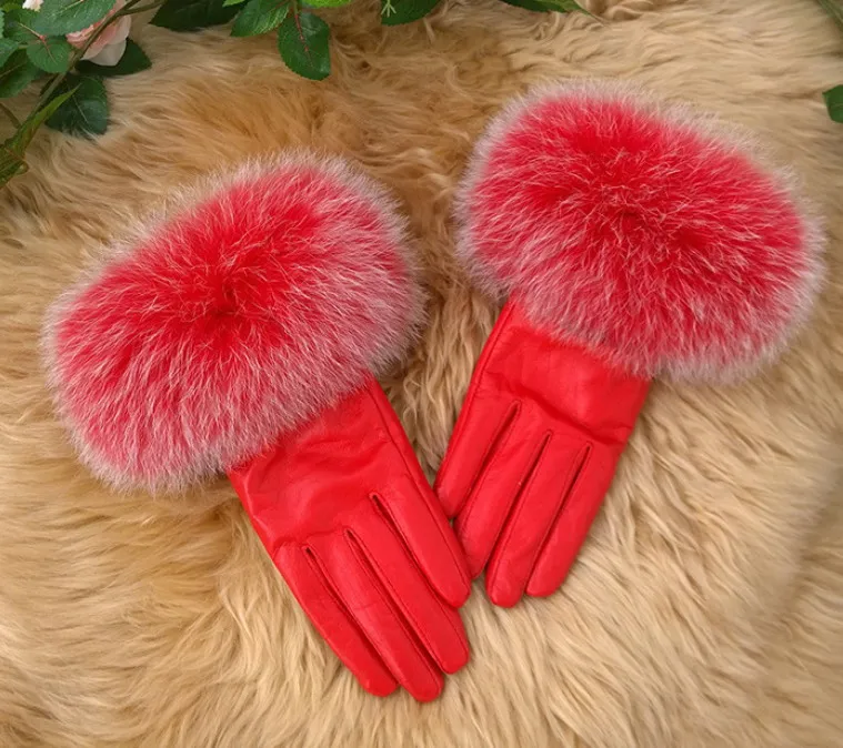 Femmes fourrure de renard gants en peau d'agneau véritable gants en cuir gants en cuir chaud mode 40453253960