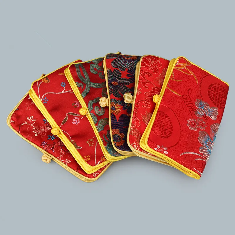 Lyx blommig bärbar vikning smycken rulla reseförvaring väska kinesisk stil silke brocade 2 dragkedja förpackning påse
