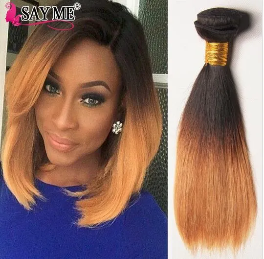 1b 4 27 Ombre Brasileira Virgem Cabelo Liso 3 Bundles Curto Ombre Loira Bob Tecer Cabelo Humano Tone Extensões de cabelo