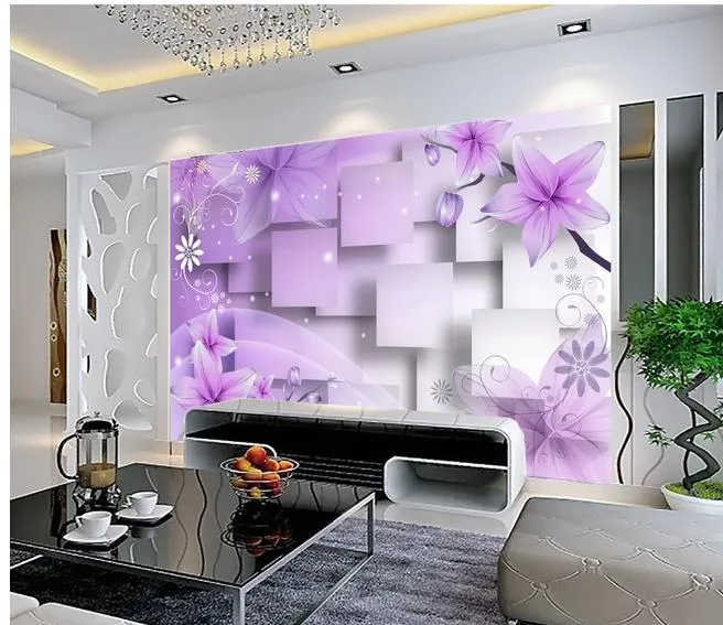 Decoración del hogar, sala de estar, arte Natural, flores cálidas púrpuras, mural de pared de TV, papel tapiz 3d, papeles de pared 3d para telón de fondo de televisión