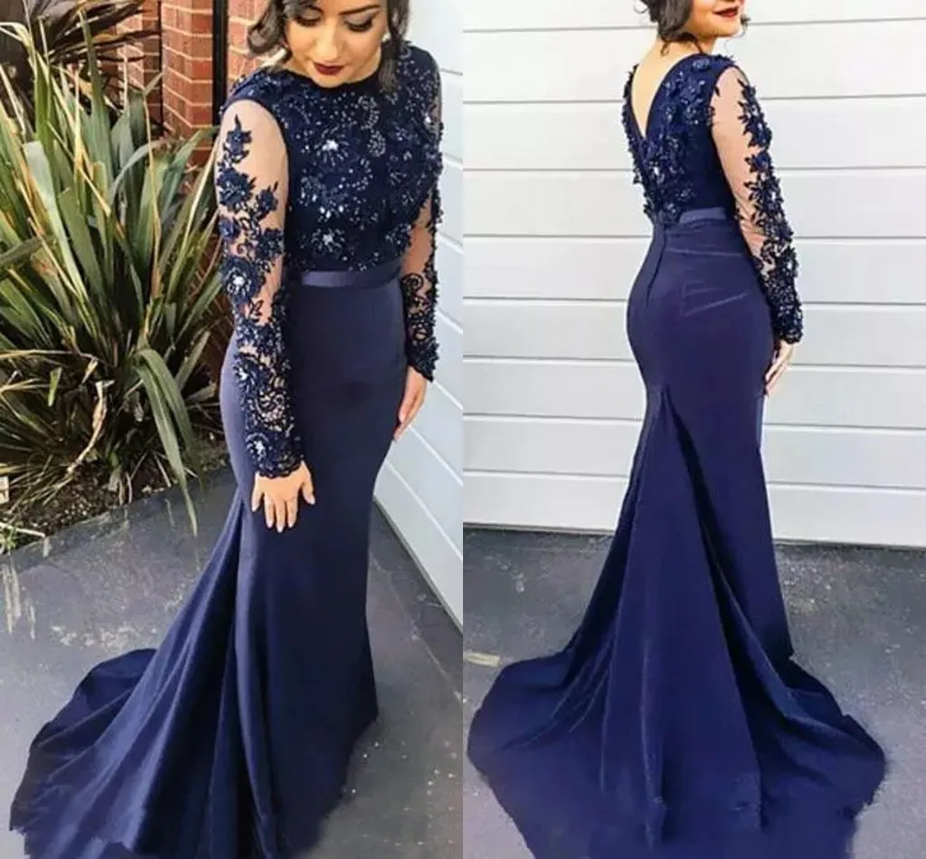 Style 2017 soirée sirène bijou manches longues avec dentelle appliques robes de bal dos fermeture éclair balayage train sur mesure robes de soirée formelles