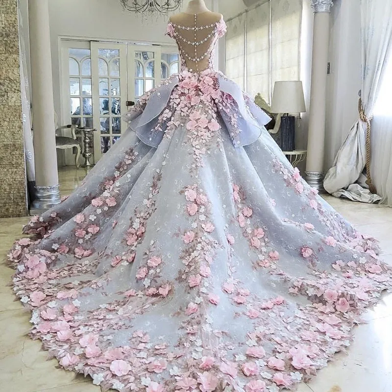 Lyxiga riktiga foton bollklänning bröllopsklänningar zuhair murad ruffles kjol backless rosa blommor se genom brudklänningar vestido de novia