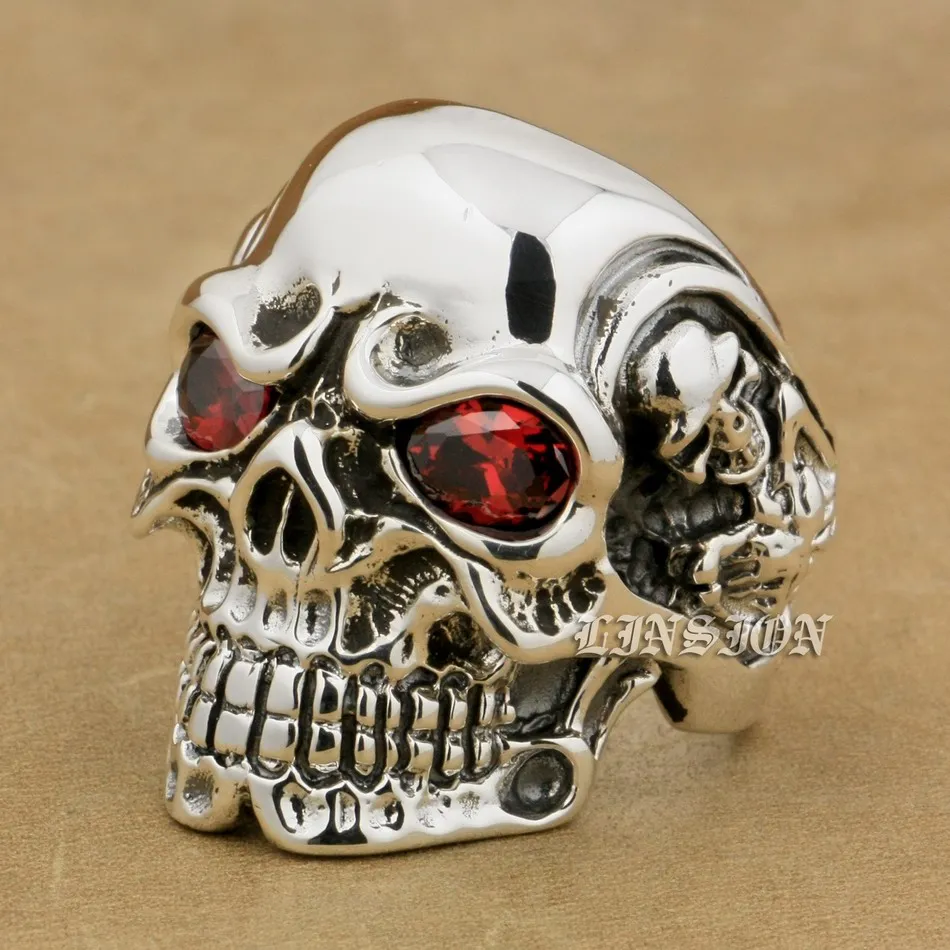 LINSION Solid 925 Sterling Silver Titan Skull Red CZ Stone Eyes Mens Biker Punk Ring sterling-silver-jewelry 8V405 US Size 7~15