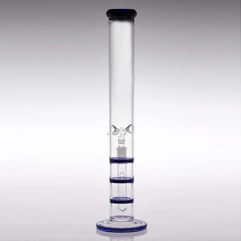 100% Image réelle Nouvelle arrivée 37cm de haut 18,8cm Joint Bleu Verre Bong Type Droit Fumer Narguilé Trois Nid D'abeille Percolato Eau Piper Bang