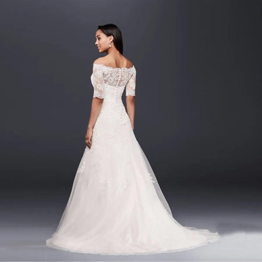 Elegant Bateau Neckline Off the Shoulder 34 Sleeve Wedding Dress Illusion Lace Back Sweep Train gorgeous Bridal Dressses WG37342497050