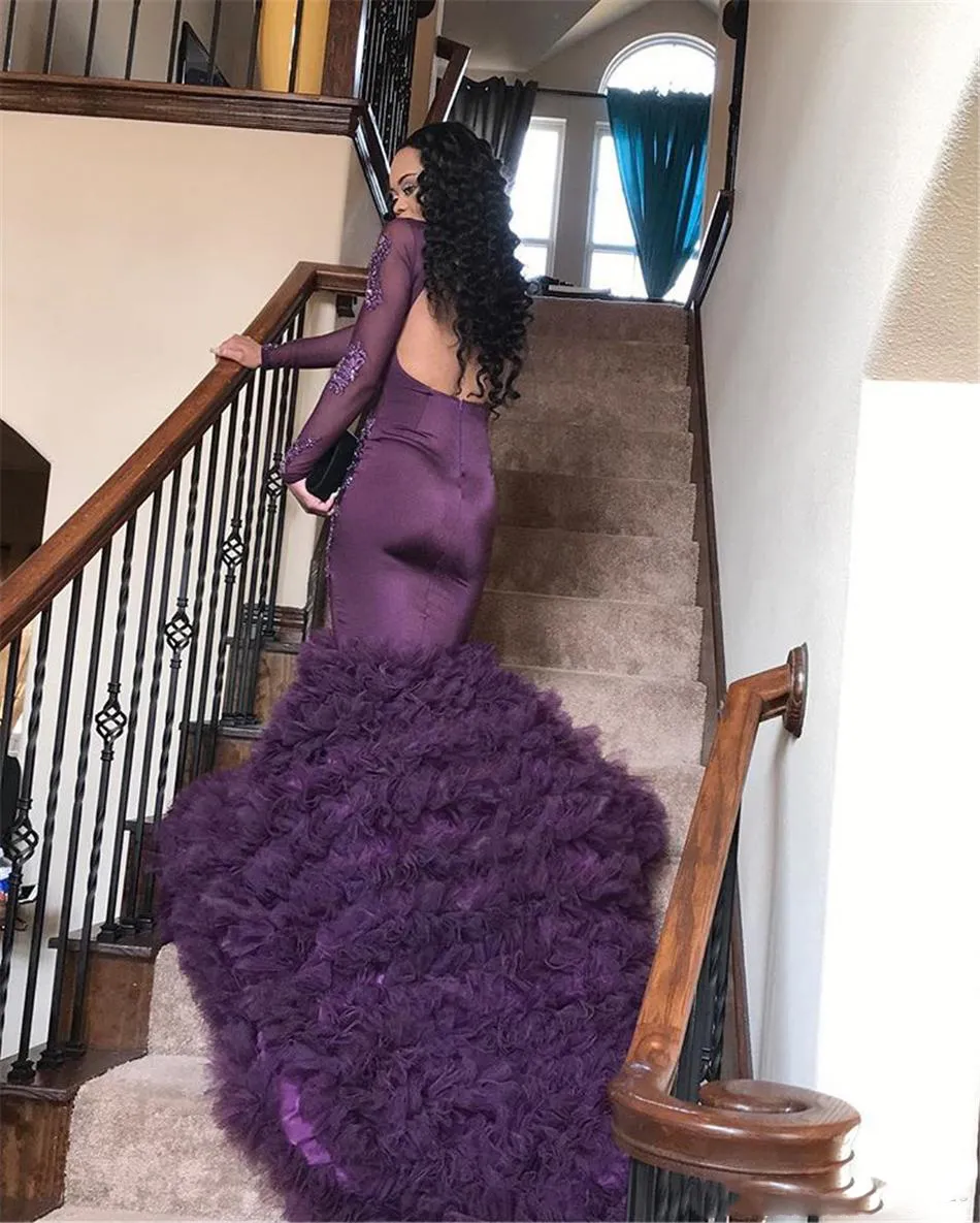 Purple Mermaid Prom Dresses 2K18 Sheer Long Seces Lace Appliques Aftonklänningar Sydafrikanska Ruched Long Train Formal Party Dres4838542