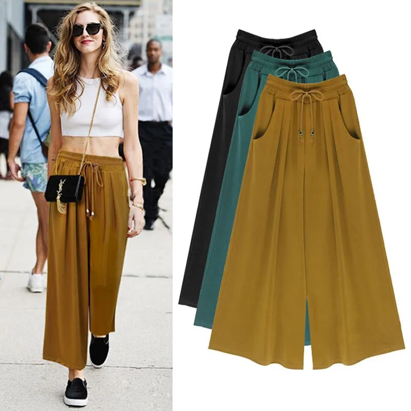 Verano de talla grande M-4XL 5XL 6XL mujer Casual pantalones bombachos holgados culottes de pierna ancha pantalón elástico ropa femenina