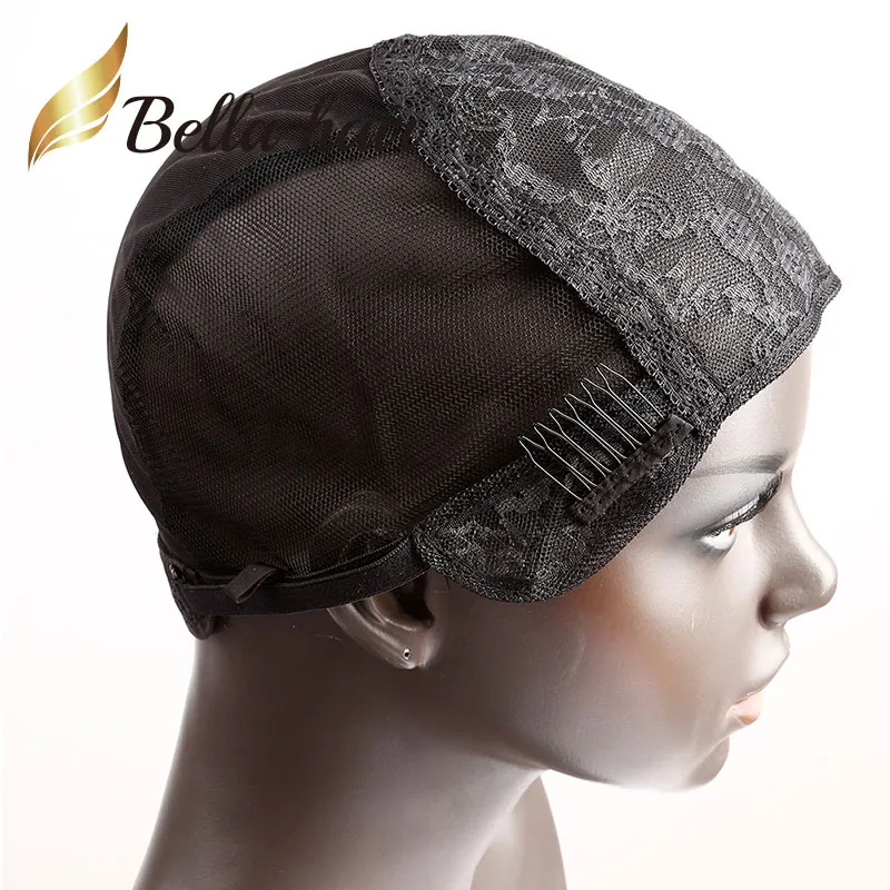 Bella Hair Professional Glueless Double Lace Caps voor het maken van pruik met verstelbare riemen en kammen Zwitserse kant Black Brown S M L