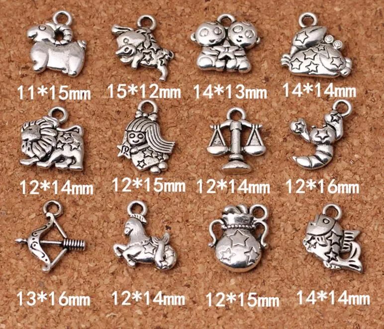 12 sinais do zodíaco pingentes encantos Tibetan prata dois faces delicados acessórios para fazer diy jóias fazendo