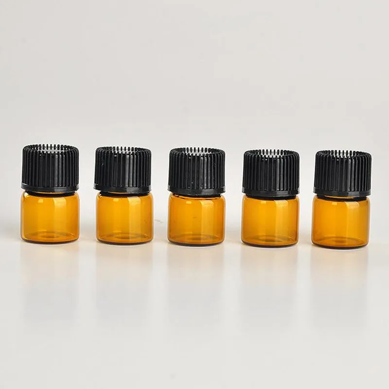 1ml 1/4 dram Amber Glass Essential Oil Bottle perfume sample tubes Bottle with Plug and caps fast shipping