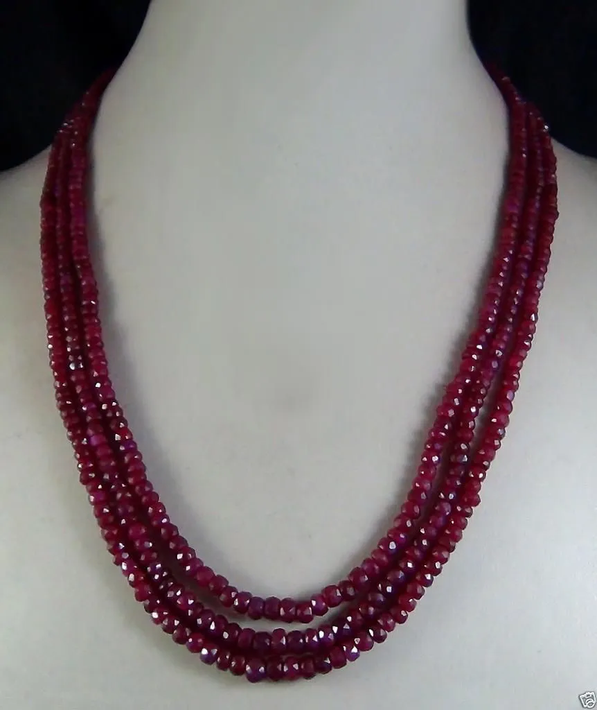 Collier de perles fines en rubis naturel à facettes 2 x 4 mm 3 brins 17-19"