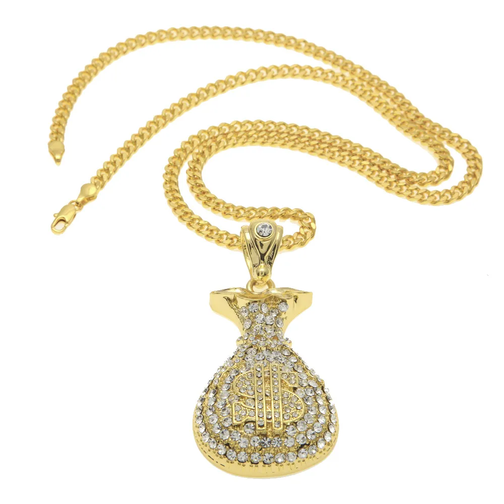 Ciondolo borsa dei soldi placcato oro argento antico Hip Hop uomo donna collana con ciondolo dollaro in cristallo bling lunga catena cubana gioielli282Z209D