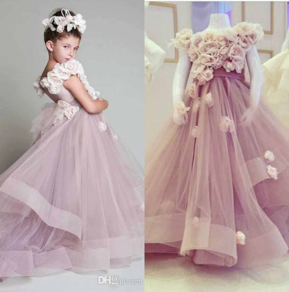 Barato Vintage Krikor Jabotian Vestidos Da Menina de Flor Para Casamentos Em Camadas Kid Primeira Comunhão Vestido 3D Floral Apliques Pouco Pageant Vestidos