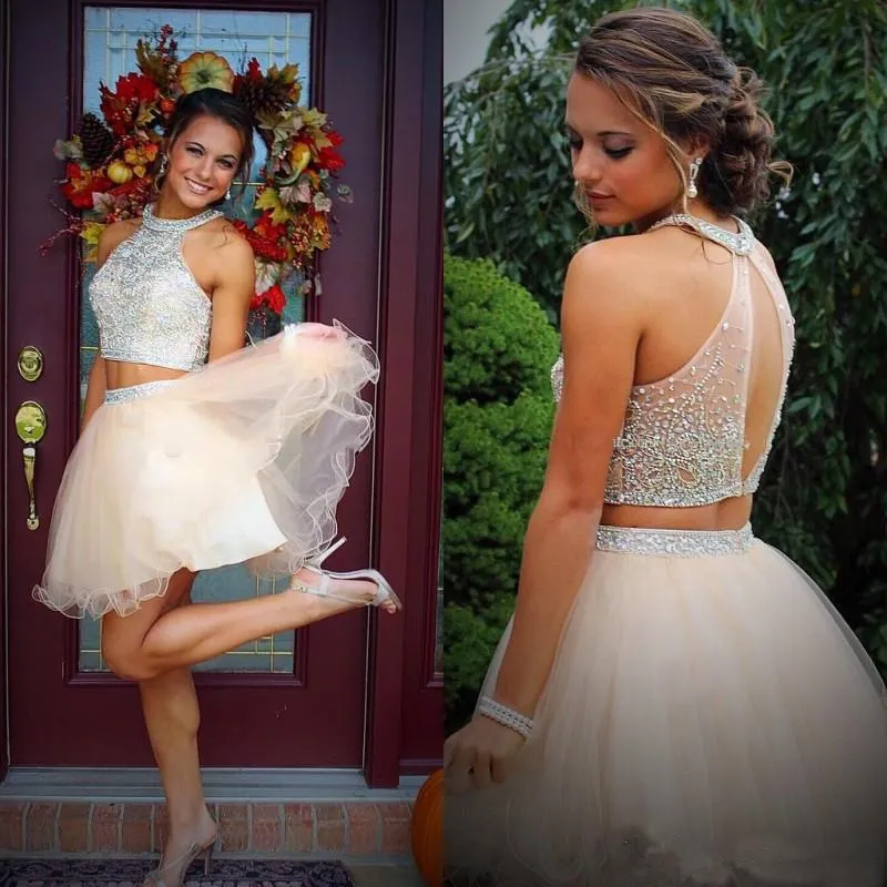 Two Pieces Halter Homecoming Dress with Crystal Beaded Tulle Top and Short  Skirt