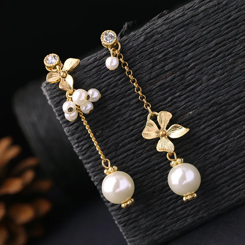 Fashion Wholesale Costume Jewelry Gold Leaves Pearl Beads Long Dangle Asymmetric Earrings for Women Pendientes Mujer Moda