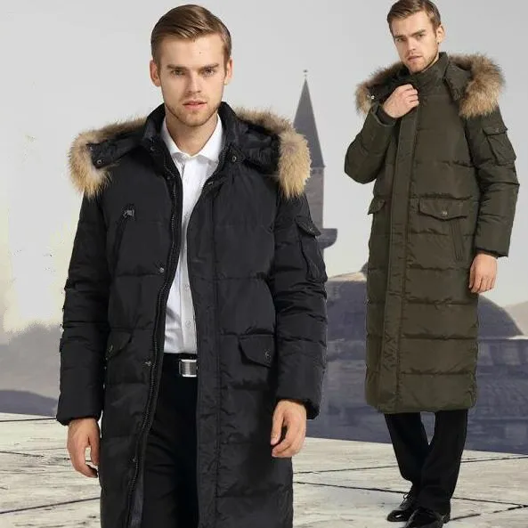 Winter Mens Long Jackets Vit Duck Down Parkas Jacka Real Raccoon Fur Hoodies Snows Coats Tjockning Varm Outwear Overcoat Plus Storlek 5XL