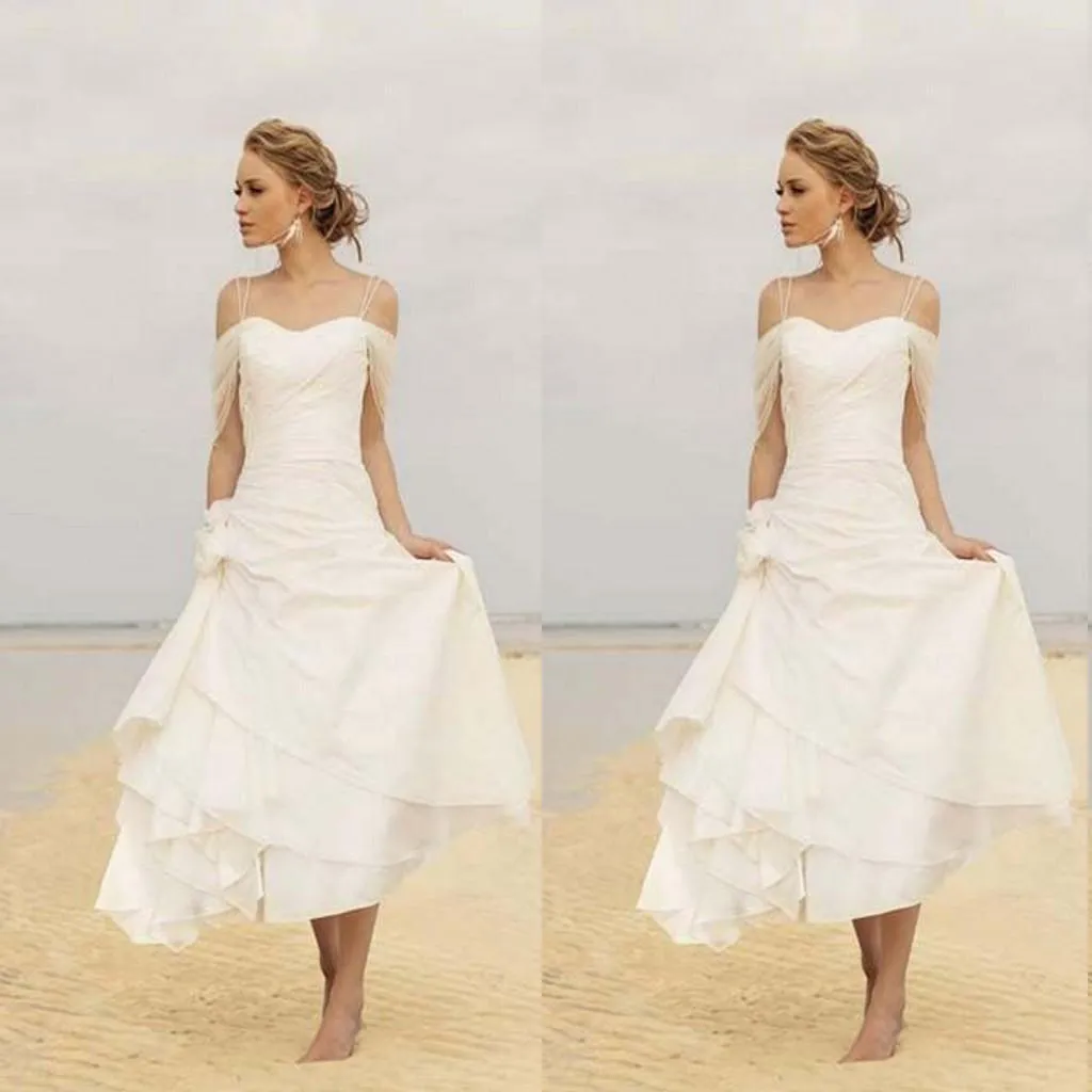 Vestidos De Casamento de praia 2017 Espaguete Off The Shoulder Feitas À Mão Flor Em Camadas de Chá Comprimento De Noiva Vestidos Feitos Sob Encomenda China EN6027