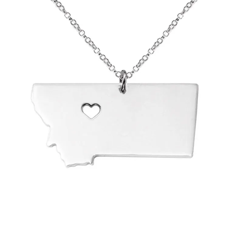 Montana Map Stainless Steel Pendant Necklace with Love Heart USA State MT Geography Map Necklaces Jewelry for Women and Men