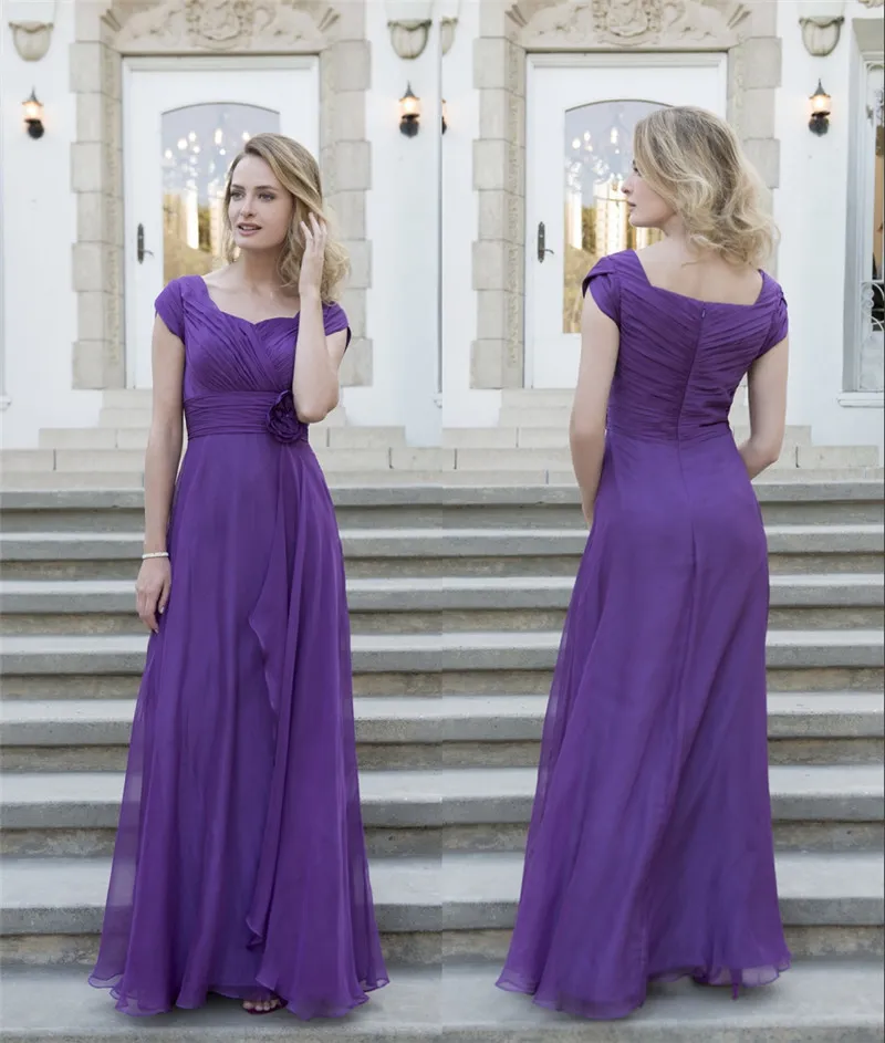 Summer Purple Chiffon Long Modest Bridesmaid Dresses With Short Sleeves Pleats Flowers Floor Length Country Bridesmaids Dresses Cheap