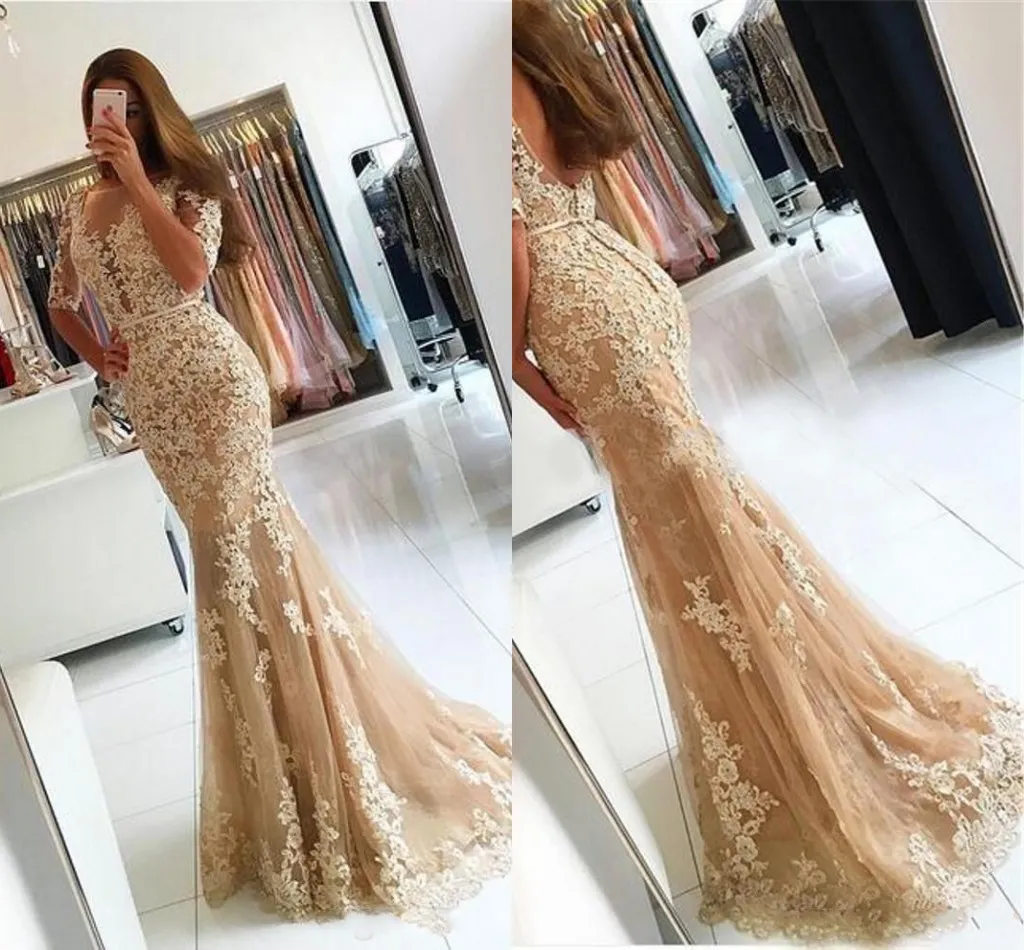 Evening Dresses Wear 2017 New Sexy Illusion Half Sleeves Champagne Lace Appliques Prom Dress Mermaid Backless Sweep Train Formal Party Gowns