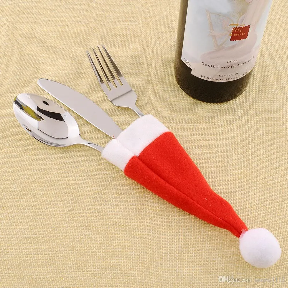 christmas table decorations Red Santa Hat Christmas Fork Bags Tableware Silverware Holders Pocket Dinner Home Table Decor Christmas items